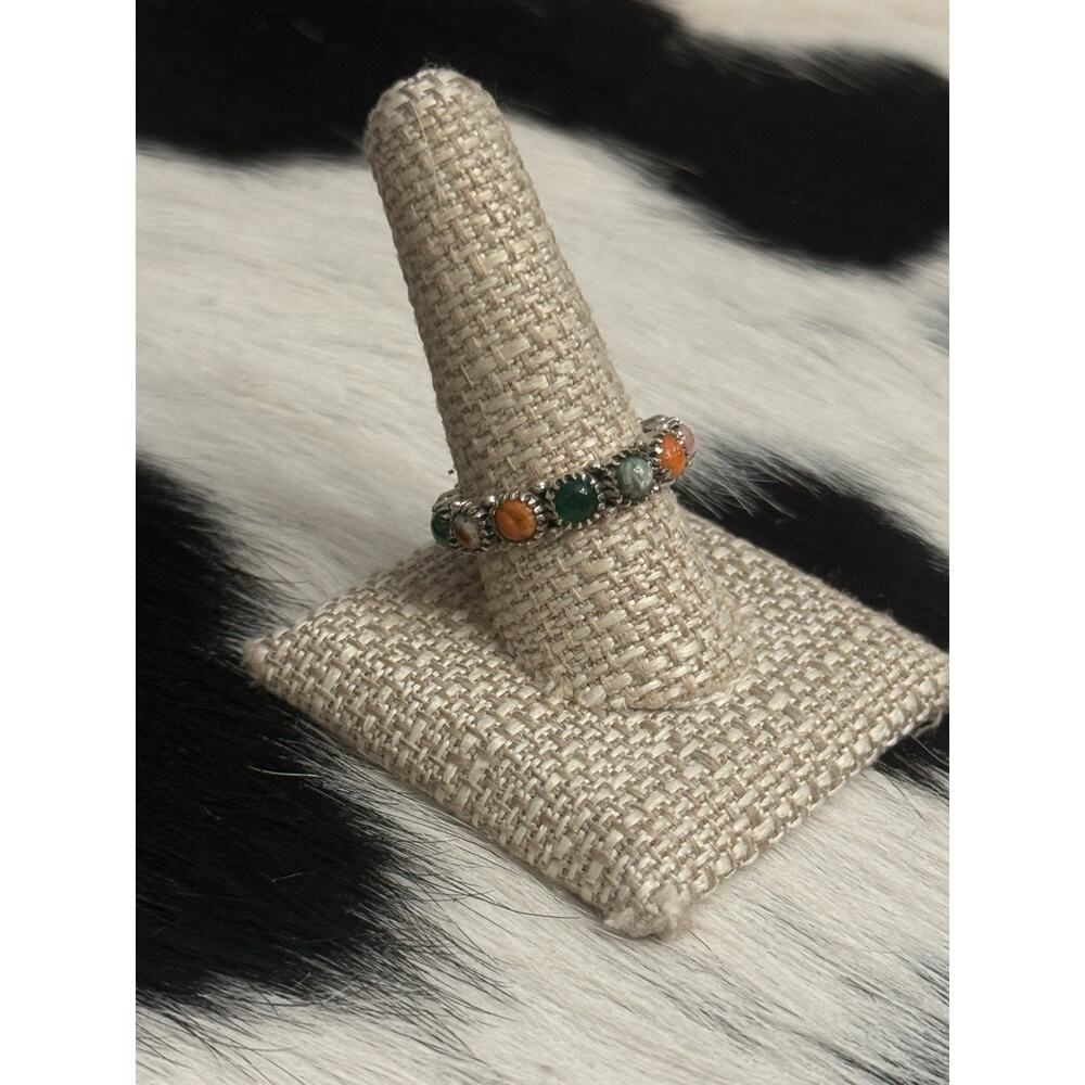 Native American Sterling Silver Orange Spiny Pink Multistone Eternity Ring - Picture 8 of 13